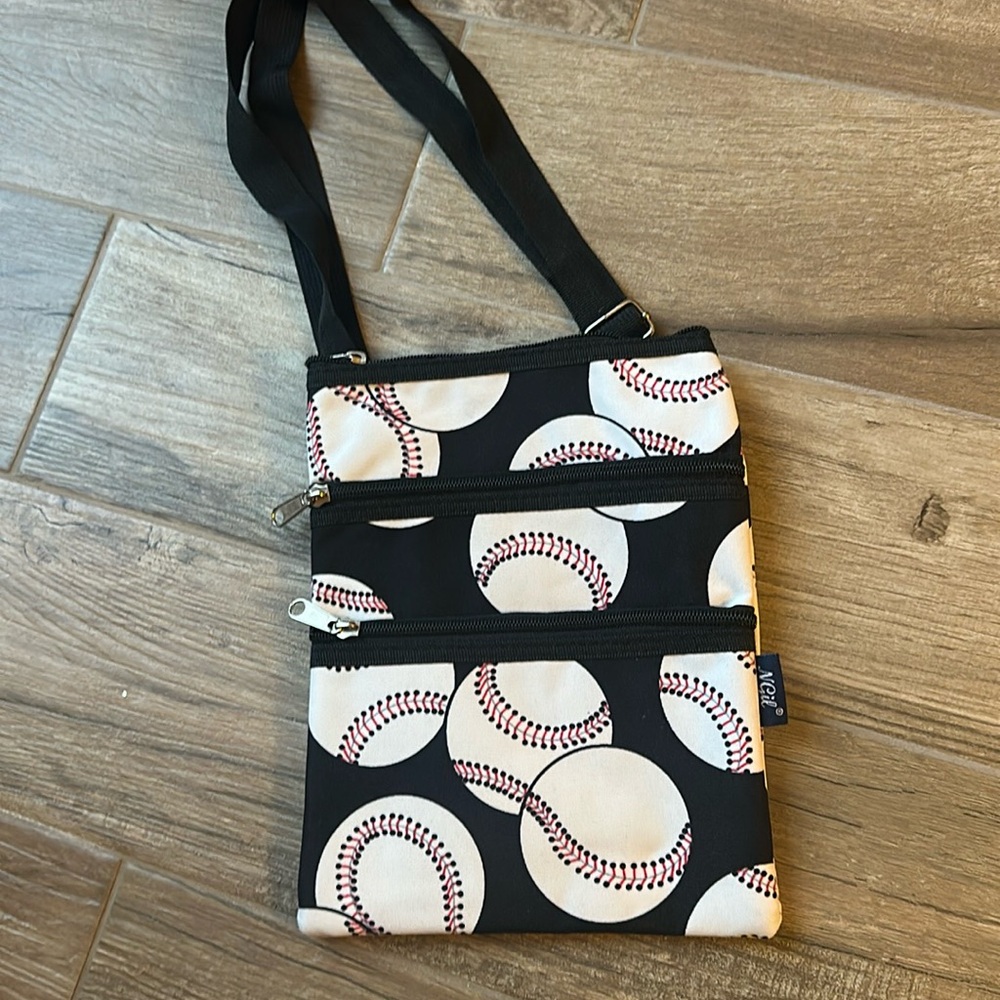 NEW Baseball crossbody purse bag, 3 outside zippers